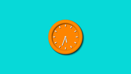 Amazing orange color 3d wall clock isolated on cyan background,12 hours wall clock