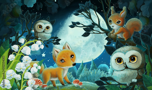 Obraz Dibond cartoon image with forest animals by night squirrel fox owl deer - illustration