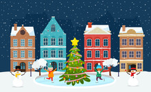 Christmas Landscape With Night Old Town And Christmas Tree. Children Skating On Ice Rink Around Decorated Fir Tree. Vector Illustration For Holiday Xmas And New Year.