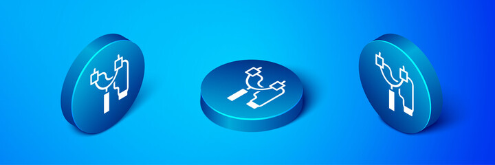 Canvas Print - Isometric Slingshot icon isolated on blue background. Blue circle button. Vector.