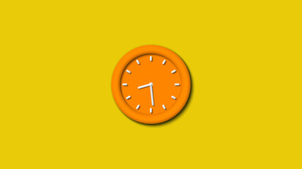 Amazing 12 hours orange color 3d wall clock isolated on yellow background,3d wall clock