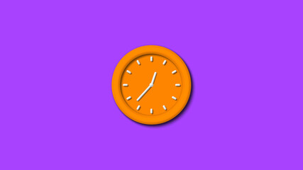 New orange color 3d wall clock isolated on purple background,3d wall clock,12 hours wall clock