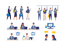 A Day Of Working Businessmen. Flat Design Vector Illustration Of Business People.