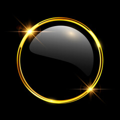 Gold shiny button, metallic golden black 3D vector icon.