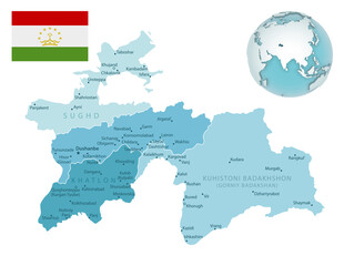  Tajikistan administrative blue-green map with country flag and location on a globe.