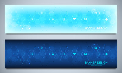 Wall Mural - banners design template for healthcare and medical decoration with flat icons and symbols. science, 