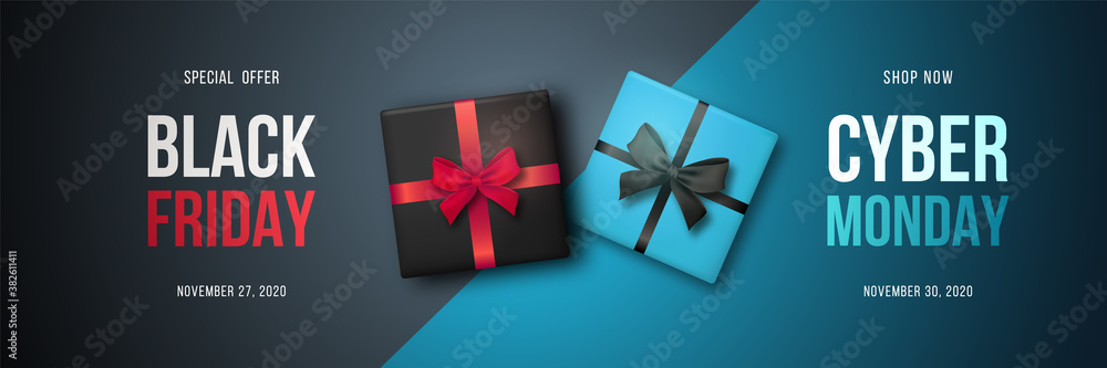 Long horizontal banner with gift boxes for Black Friday and Cyber Monday sale. Promotion clearance in horizontal format for header or websites. Vector Sale banner design. - obrazy, fototapety, plakaty 