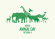 World Animal Day Poster with green silhouettes of wild animals icon vector. Wild animals silhouette set. Environmenta icon vector. Group of animals icon. Animal Day Poster, October 4. Important day