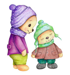 Cute cartoon little teddy beasr, plush stuffed toy, in  warm clothes, autumn style.