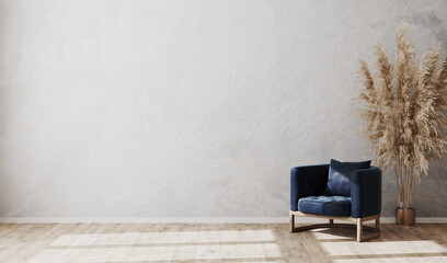 Wall Mural - wide gray concrete empty wall with dark blue armchair, vase and wooden parquet floor, empty room moc