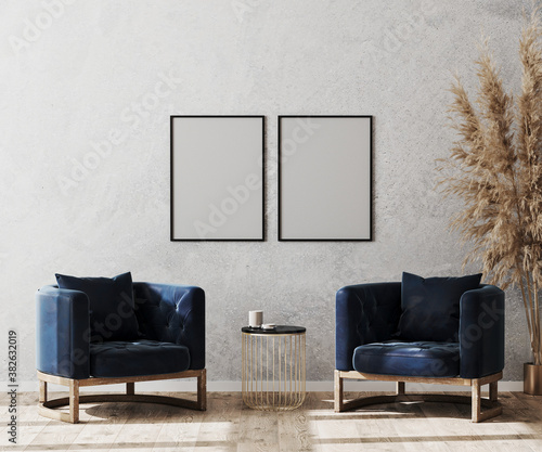 Fotomural Mock up poster frame in modern living room interior background, lobby concept, t