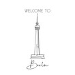 Depok, Indonesia - August 6, 2019: One single line drawing Berlin TV Tower landmark. World famous place in Berlin, Germany. Tourism travel postcard wall decor poster print concept. Vector illustration