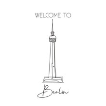 Depok, Indonesia - August 6, 2019: One Single Line Drawing Berlin TV Tower Landmark. World Famous Place In Berlin, Germany. Tourism Travel Postcard Wall Decor Poster Print Concept. Vector Illustration