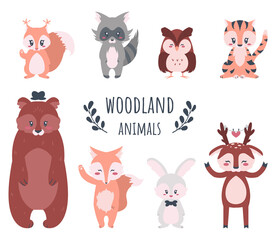 Wall Mural - Cute forest animals. Funny cartoon woodland characters, bear and rabbit, fox raccoon cat, bunny and deer. Waving hands creatures banner, kids poster with text. Wildlife greeting card, vector fauna set