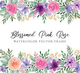 Wall Mural - Blossomed Pink Rose Watercolor Floral Vector Frame.