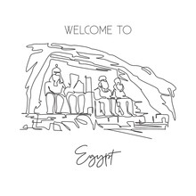 One Single Line Drawing Abu Simbel Landmark. Famous Iconic In Egyptian Village Nubia. Tourism Travel Postcard Home Wall Decor Art Poster Concept. Modern Continuous Line Draw Design Vector Illustration