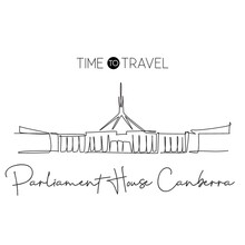 Single Continuous Line Drawing Parliament House Of Canberra Landmark. Government Building In Australia. Home Decor Wall Art Poster Concept. Simple One Line Draw Design Vector Graphic Illustration