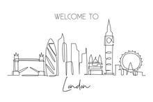 Single Continuous Line Drawing Of London City Skyline. Famous City Skyscraper Landscape In World. World Travel Campaign Home Wall Decor Poster Concept. Modern One Line Draw Design Vector Illustration