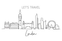 One Continuous Line Drawing Of London City Skyline. Beautiful City Skyscraper. World Landscape Tourism Travel Vacation Home Wall Decor Poster Print Concept. Single Line Draw Design Vector Illustration
