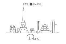 One Continuous Line Drawing Paris City Skyline, France. Beautiful Skyscraper. World Landscape Tourism Travel Vacation Wall Decor Poster Art Concept. Stylish Single Line Draw Design Vector Illustration