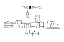Single Continuous Line Drawing Of Naples City Skyline, Italy. Famous City Skyscraper Landscape. World Travel Home Wall Decor Poster Print Art Concept. Modern One Line Draw Design Vector Illustration