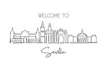 One Continuous Line Drawing Of Sevilla City Skyline, Spain. Beautiful Skyscraper. World Landscape Tourism Travel Vacation Wall Decor Poster Concept. Stylish Single Line Draw Design Vector Illustration