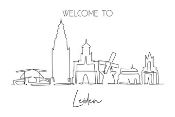 One continuous line drawing of Leiden city skyline, Netherlands. Beautiful skyscraper postcard. World landscape tourism travel vacation wall decor poster. Single line draw design vector illustration