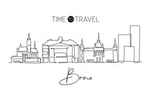 One single line drawing of Brno city skyline, Czech Republic. Historical town landscape in the world. Best holiday destination. Editable stroke trendy continuous line draw design vector illustration