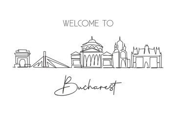 Wall Mural - Single continuous line drawing of Bucharest city skyline, Romania. Famous city scraper landscape. World travel home art wall decor poster print concept. Modern one line draw design vector illustration