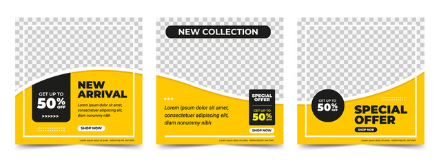 set of editable square banner template. black and yellow background color with stripe line shape. su