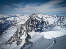 People In The Vallee Blanche, Chamonix, France, Full Of Skiers In The Valley, Touristic Place