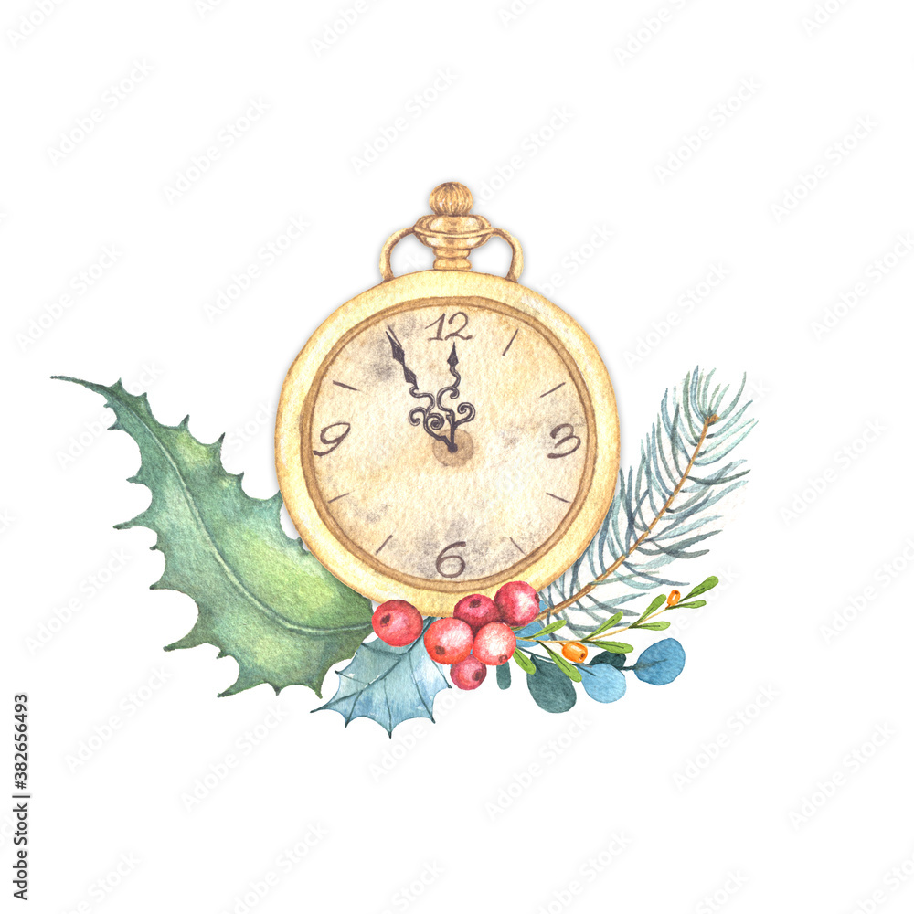 Watercolor Christmas illustration of vintage gold clock's with winter ...