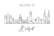 One single line drawing of Belfast city skyline, Northern Ireland. Historical landscape in the world. Best holiday destination. Editable stroke trendy continuous line draw design vector illustration