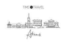 One Continuous Line Drawing Of Athens City Skyline, Greece. Beautiful Landmark. World Landscape Tourism Travel Vacation Poster Art. Editable Stylish Stroke Single Line Draw Design Vector Illustration