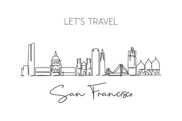 One single line drawing of San Francisco city skyline, USA. Historical town landscape in the world. Best holiday destination poster wall decor. Trendy continuous line draw design vector illustration