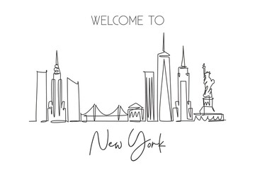 Wall Mural - One continuous line drawing of New York city skyline, United States of America. Beautiful city landmark. World landscape vacation. Editable stylish stroke single line draw design vector illustration