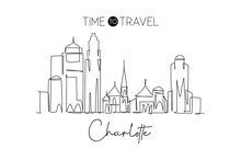 Single Continuous Line Drawing Of Charlotte City Skyline, USA. Famous City Scraper And Landscape. World Travel Concept Home Wall Decor Poster Print Art. Modern One Line Draw Design Vector Illustration