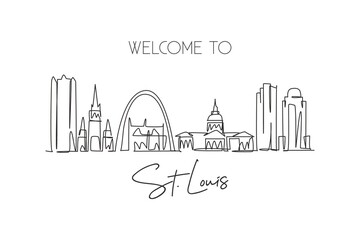 Wall Mural - One single line drawing of St. Louis city skyline, USA. Historical town landscape in the world. Best holiday destination poster. Editable stroke trendy continuous line draw design vector illustration