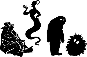 Poster - Set of black silhouettes of Mythical creatures: jinn, troll, yeti