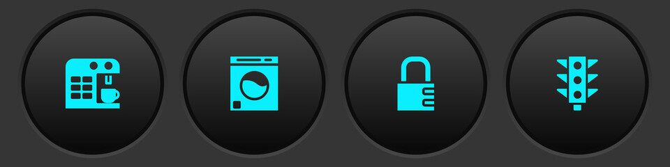 Sticker - Set Coffee machine, Washer, Safe combination lock and Traffic light icon. Vector.