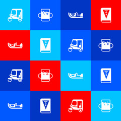 Canvas Print - Set Taxi tuk tuk, Cup of tea and leaf, Indian shoes and constitution day icon. Vector.