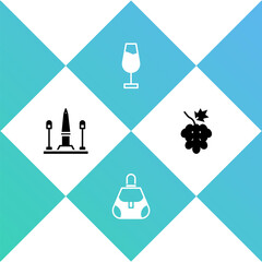 Sticker - Set Place De La Concorde, Handbag, Wine glass and Grape fruit icon. Vector.