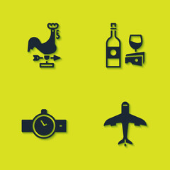 Sticker - Set Rooster weather vane, Plane, Wrist watch and Wine bottle with cheese icon. Vector.