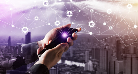 people network and global creative communication concept. business people with modern graphic interf