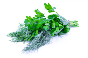 A bunch of fresh herbs. Dill, parsley, spinach. White background. Close-up.