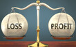 loss and profit staying in balance - pictured as a metal scale with weights and labels loss and profit to symbolize balance and symmetry of those concepts, 3d illustration