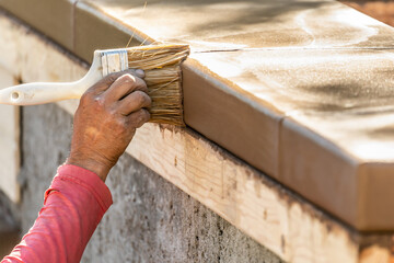 Wall Mural - Construction Worker Using Brush On Wet Cement Forming Coping Around New Pool