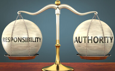 Wall Mural - responsibility and authority staying in balance - pictured as a metal scale with weights and labels 