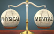 physical and mental staying in balance - pictured as a metal scale with weights and labels physical and mental to symbolize balance and symmetry of those concepts, 3d illustration