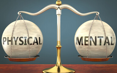 Wall Mural - physical and mental staying in balance - pictured as a metal scale with weights and labels physical 